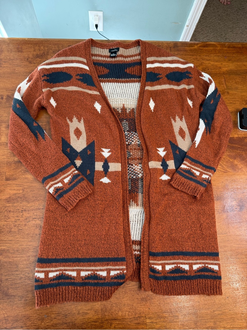 rue21 Aztec Open Front Cardigan Sweater Rust Orange Boho Size xs